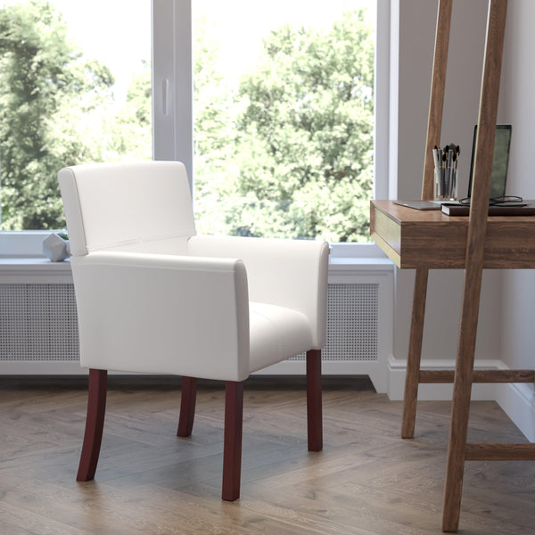 White |#| White LeatherSoft Executive Side Reception Chair with Mahogany Legs