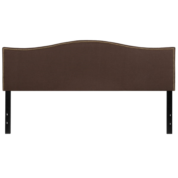 Dark Brown,King |#| Upholstered King Size Arched Headboard with Accent Nail Trim in Dk Brown Fabric