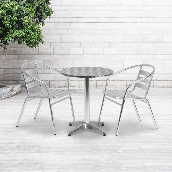 Aluminum |#| 23.5inch Round Aluminum Indoor-Outdoor Table Set with 2 Slat Back Chairs