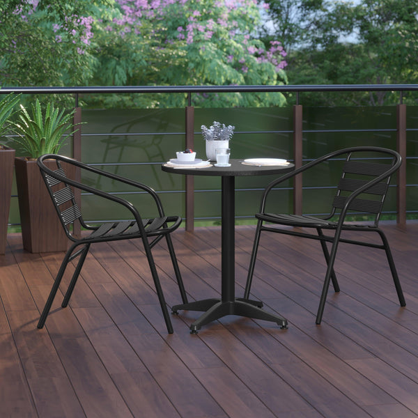 Black |#| Modern 23.5inch Round Glass Framed Glass Table with 2 Black Slat Back Chairs