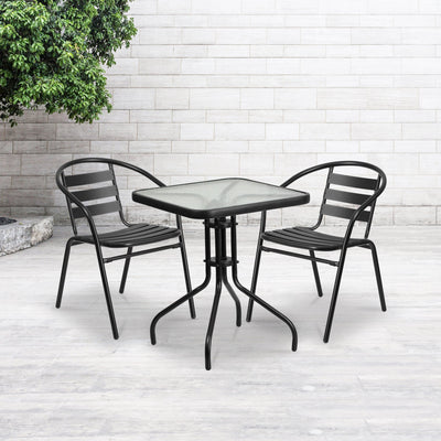 Lila 23.5'' Square Glass Metal Table with 2 Metal Aluminum Slat Stack Chairs - View 2