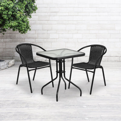 Lila 23.5'' Square Glass Metal Table with 2 Rattan Stack Chairs