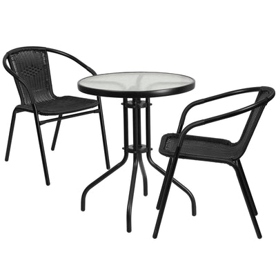 Lila 23.75'' Round Glass Metal Table with 2 Rattan Stack Chairs