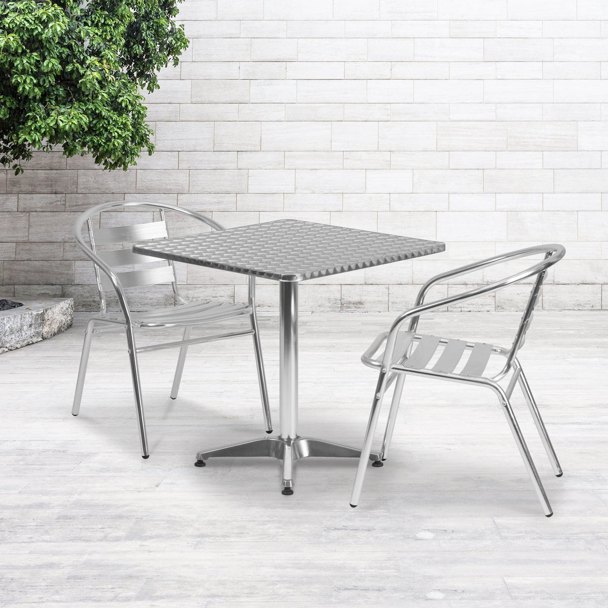Aluminum |#| 27.5inch Square Aluminum Indoor-Outdoor Table Set with 2 Slat Back Chairs