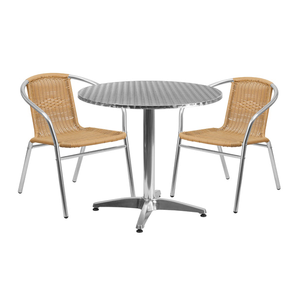 Beige |#| 31.5inch Round Aluminum Indoor-Outdoor Table Set with 2 Beige Rattan Chairs