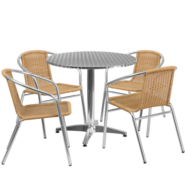 Beige |#| 31.5inch Round Aluminum Indoor-Outdoor Table Set with 4 Beige Rattan Chairs