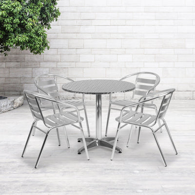 Lila 31.5'' Round Aluminum Indoor-Outdoor Table Set with 4 Slat Back Chairs