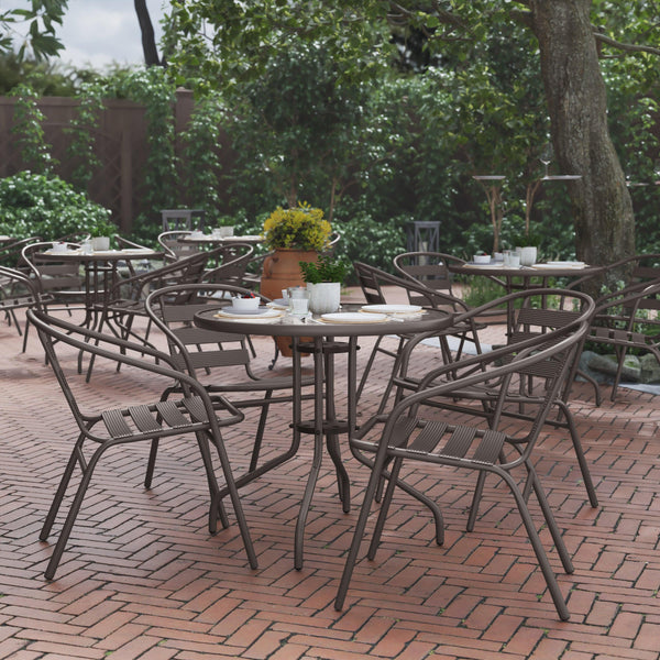 Bronze |#| Modern 31.5inch Round Glass Framed Glass Table with 4 Bronze Slat Back Chairs