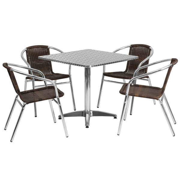 Dark Brown |#| 31.5inch Square Aluminum Indoor-Outdoor Table Set with 4 Dark Brown Rattan Chairs