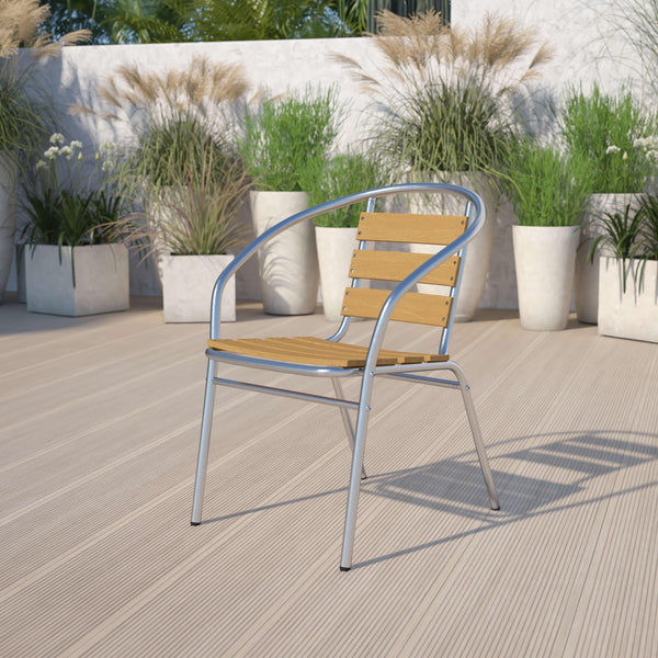 Aluminum |#| Commercial Aluminum Indoor-Outdoor Stack Chair with Triple Slat Faux Teak Back