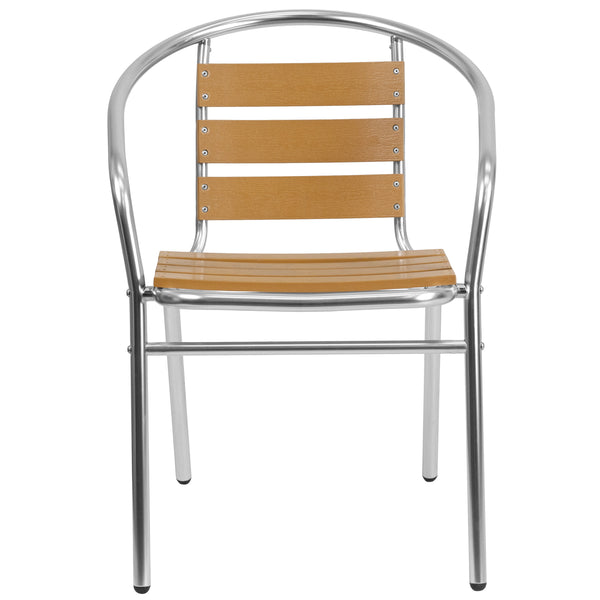 Aluminum |#| Commercial Aluminum Indoor-Outdoor Stack Chair with Triple Slat Faux Teak Back