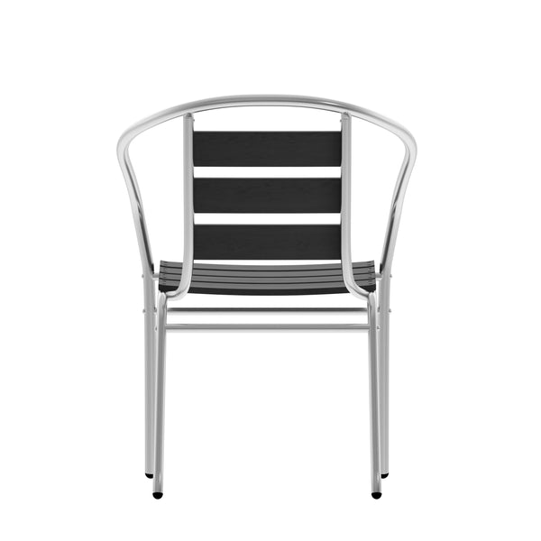 Black |#| Commercial Metal Indoor-Outdoor Stack Chair-Black Triple Slat Faux Teak Back