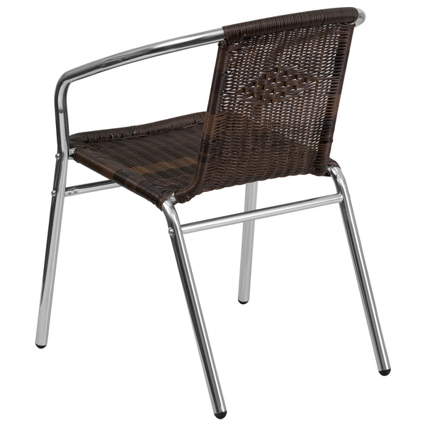 Aluminum and Dark Brown |#| Commercial Aluminum and Dark Brown Rattan Indoor-Outdoor Restaurant Stack Chair