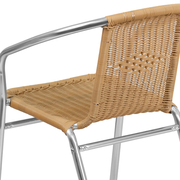 Aluminum and Beige |#| Commercial Aluminum and Beige Rattan Indoor-Outdoor Restaurant Stack Chair