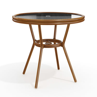 Lily Pond 31" Round Indoor-Outdoor Bistro Dining Table with Woodgrain Aluminum Finish Frame and Woven Rattan Tabletop - View 2