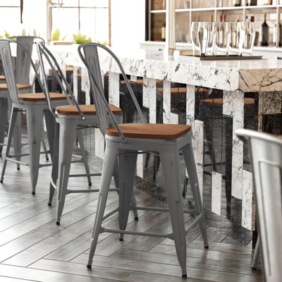 Lincoln 24'' High Indoor Counter Height Stool with Back with Poly Resin Wood Seat - View 2