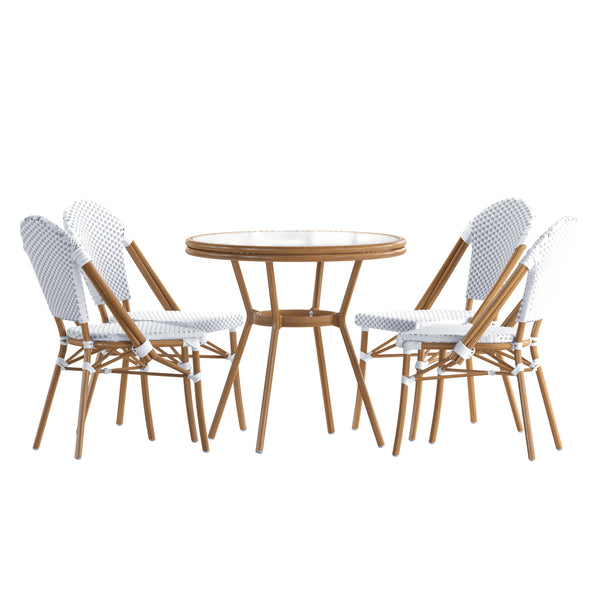 White & Gray Rattan/Natural Frame |#| Indoor/Outdoor Commercial Bistro Set with Table and 4 Chairs in Wht/Gray