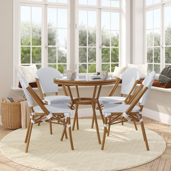 White & Gray Rattan/Natural Frame |#| Indoor/Outdoor Commercial Bistro Set with Table and 4 Chairs in Wht/Gray