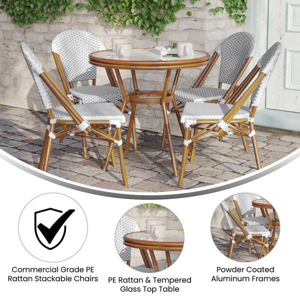 White & Gray Rattan/Natural Frame |#| Indoor/Outdoor Commercial Bistro Set with Table and 4 Chairs in Wht/Gray