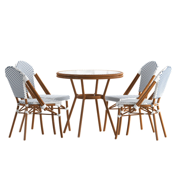 White & Navy Rattan/Natural Frame |#| Indoor/Outdoor Commercial Bistro Set with Table and 4 Chairs in Wht/Navy