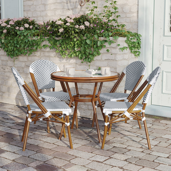 White & Navy Rattan/Natural Frame |#| Indoor/Outdoor Commercial Bistro Set with Table and 4 Chairs in Wht/Navy