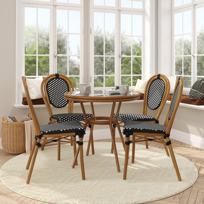 Lourdes Indoor/Outdoor Commercial Bistro 31.5" Table, PE Rattan, Glass Top with 4 Stack Chairs - View 2