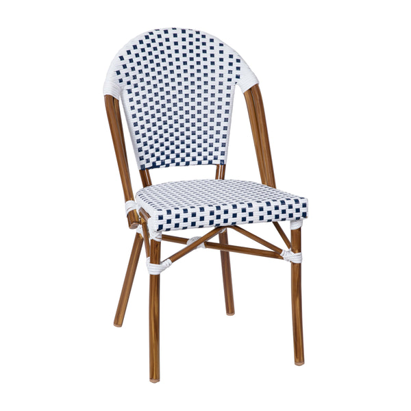 White & Navy Rattan/Natural Frame |#| Indoor/Outdoor Commercial Bistro Set with Table and 4 Chairs in Wht/Navy