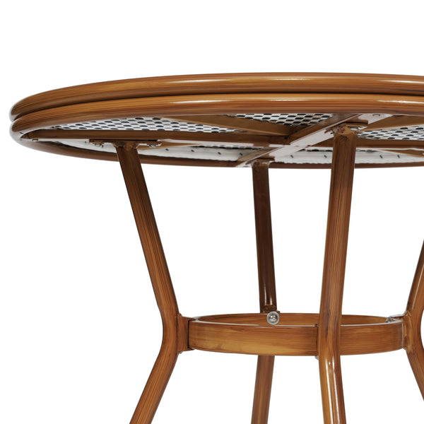 White & Navy Rattan/Natural Frame |#| Indoor/Outdoor Commercial Bistro Set with Table and 4 Chairs in Wht/Navy