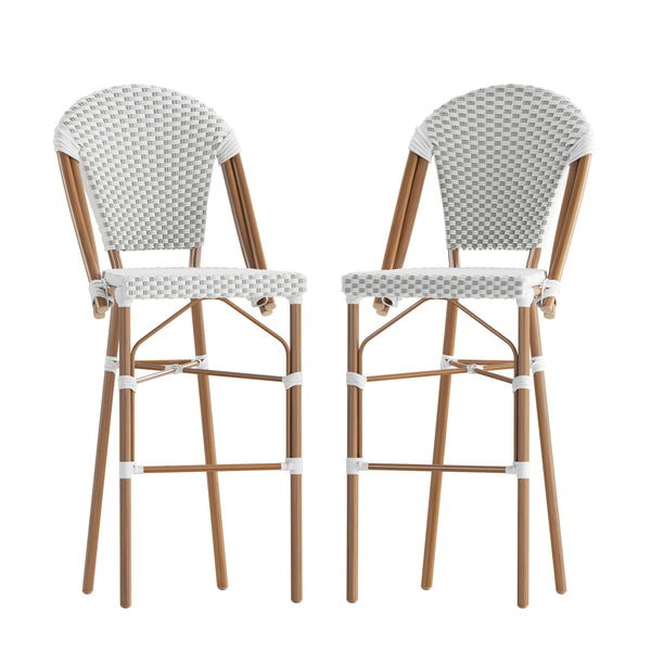 White & Gray/Natural Frame |#| 2 Pack All-Weather Commercial Paris Stools with Bamboo Print Frame-White/Gray