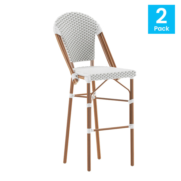 White & Gray/Natural Frame |#| 2 Pack All-Weather Commercial Paris Stools with Bamboo Print Frame-White/Gray