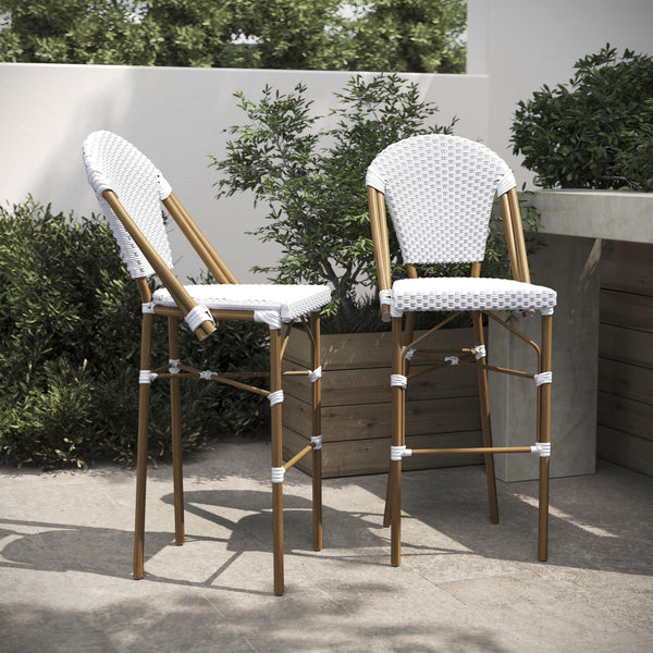 White & Gray/Natural Frame |#| 2 Pack All-Weather Commercial Paris Stools with Bamboo Print Frame-White/Gray