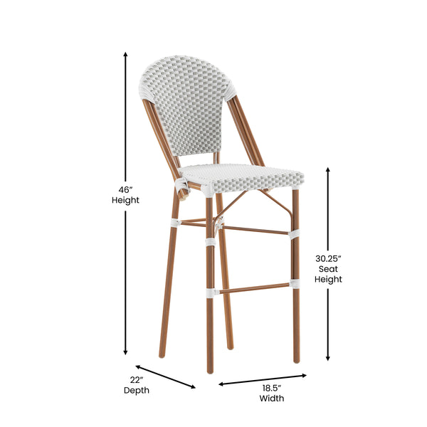 White & Gray/Natural Frame |#| 2 Pack All-Weather Commercial Paris Stools with Bamboo Print Frame-White/Gray
