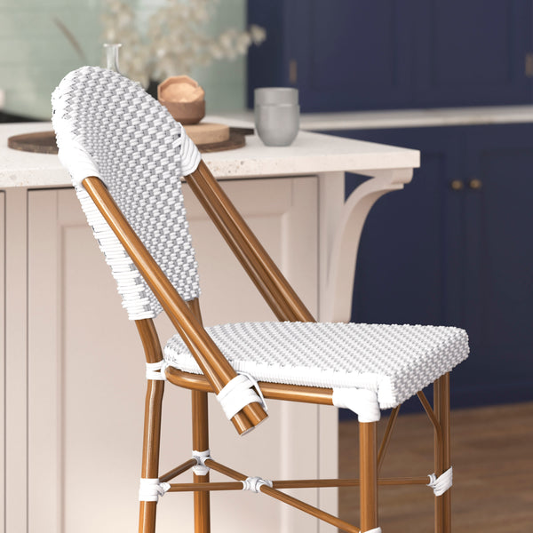 White & Gray/Natural Frame |#| 2 Pack All-Weather Commercial Paris Stools with Bamboo Print Frame-White/Gray