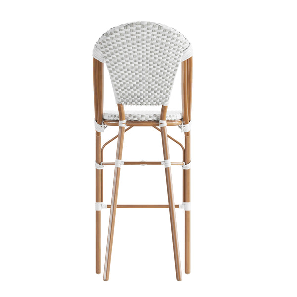 White & Gray/Natural Frame |#| 2 Pack All-Weather Commercial Paris Stools with Bamboo Print Frame-White/Gray