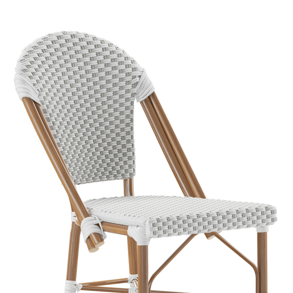 White & Gray/Natural Frame |#| 2 Pack All-Weather Commercial Paris Stools with Bamboo Print Frame-White/Gray