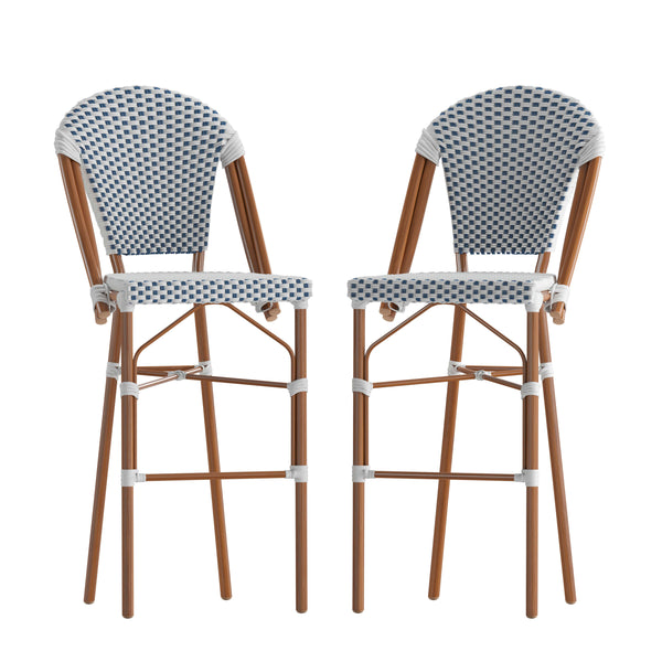 White & Navy/Natural Frame |#| 2 Pack All-Weather Commercial Paris Stools with Bamboo Print Frame-White/Navy