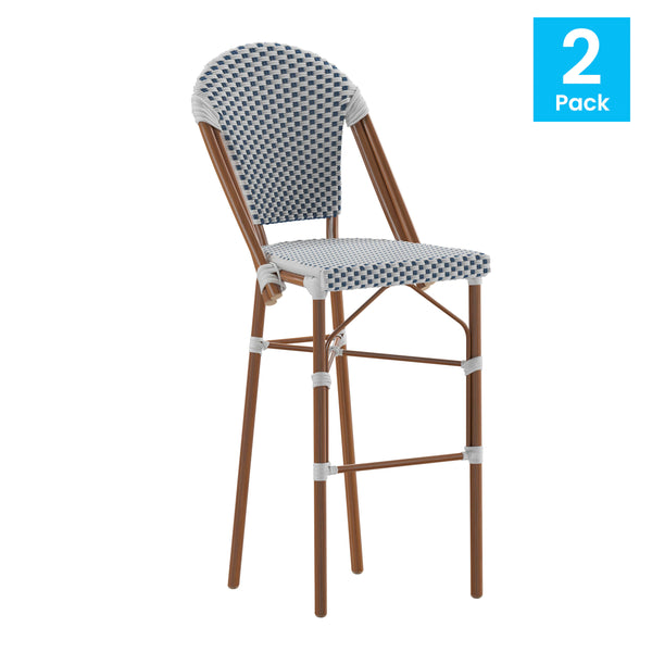 White & Navy/Natural Frame |#| 2 Pack All-Weather Commercial Paris Stools with Bamboo Print Frame-White/Navy