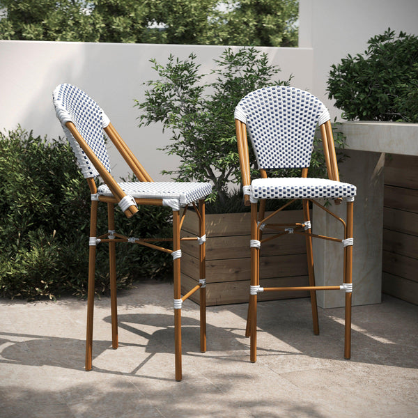 White & Navy/Natural Frame |#| 2 Pack All-Weather Commercial Paris Stools with Bamboo Print Frame-White/Navy