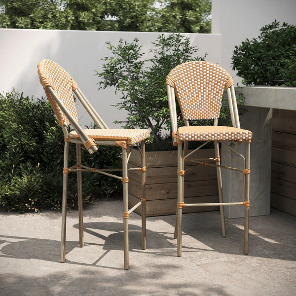 Natural & White/Light Natural Frame |#| 2 Pack All-Weather Commercial Paris Stools with Bamboo Print Frame-Natural/White