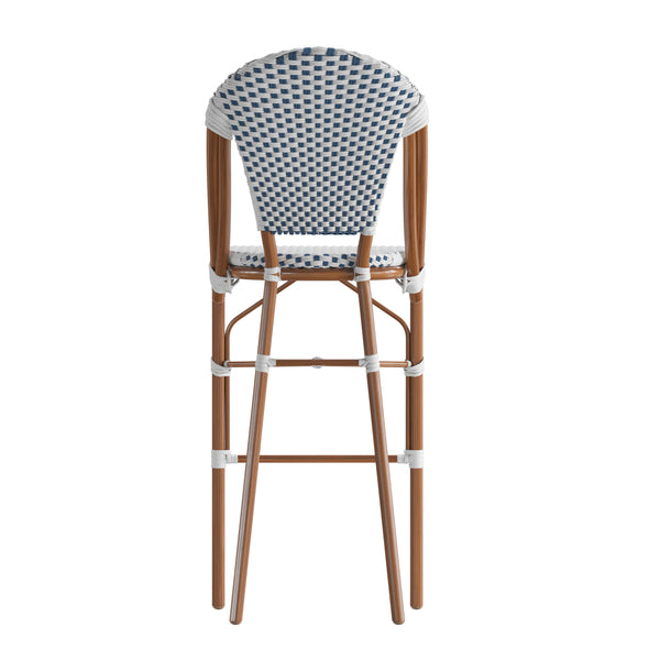 White & Navy/Natural Frame |#| 2 Pack All-Weather Commercial Paris Stools with Bamboo Print Frame-White/Navy