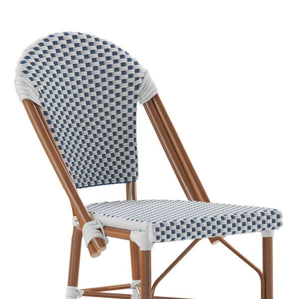 White & Navy/Natural Frame |#| 2 Pack All-Weather Commercial Paris Stools with Bamboo Print Frame-White/Navy