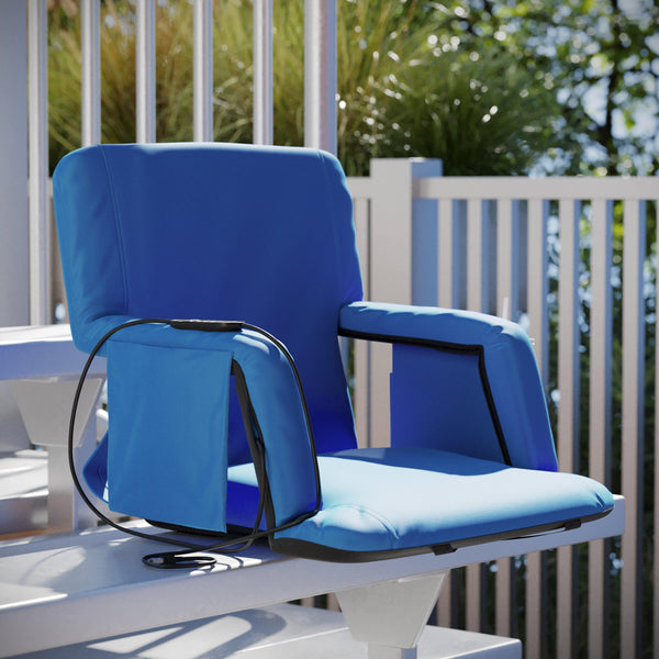 Blue |#| Foldable Reclining Stadium Chair with Backpack Straps-Heated Back and Seat-Blue