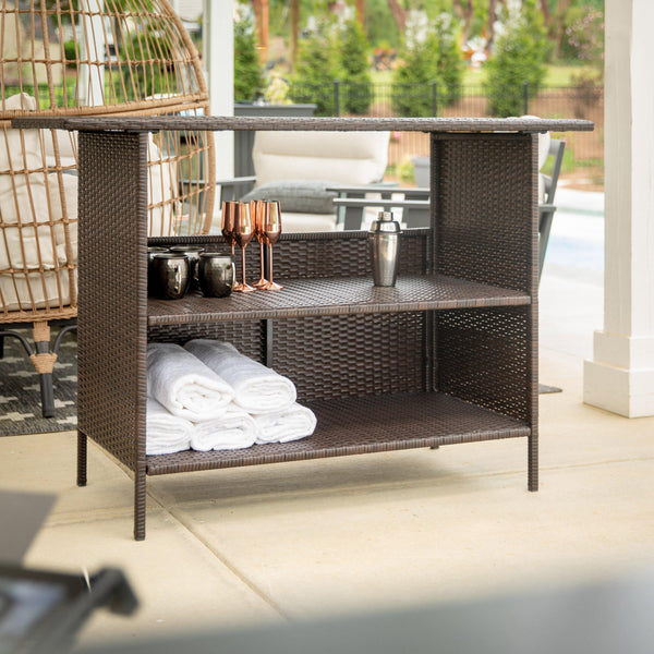 Brown |#| Indoor/Outdoor Wicker Rattan Patio Bar Counter Table with Two Shelves in Brown