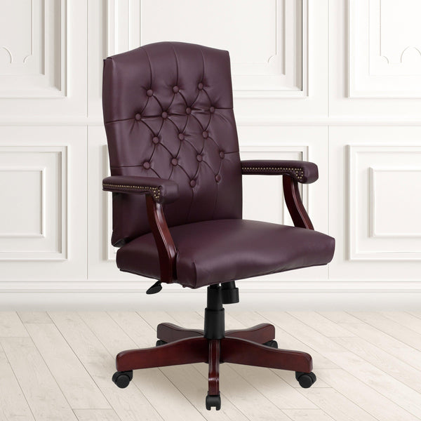 Burgundy LeatherSoft/Mahogany Frame |#| Martha Washington Burgundy LeatherSoft Executive Swivel Office Chair with Arms