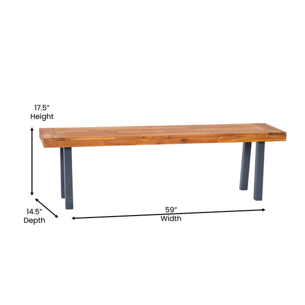 Indoor/Outdoor Solid Acacia Wood Slat Top Bench with Wood Legs - Natural/Black