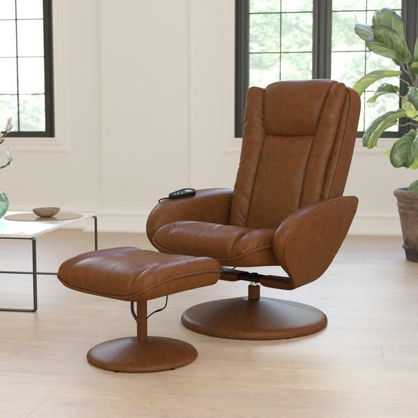 Brown |#| Brown LeatherSoft Massaging Multi-Position Recliner w/Side Pocket &Ottoman