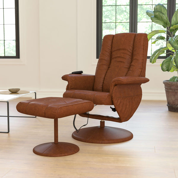 Brown |#| Massaging and Heat Controlled Recliner & Ottoman Set in Brown LeatherSoft