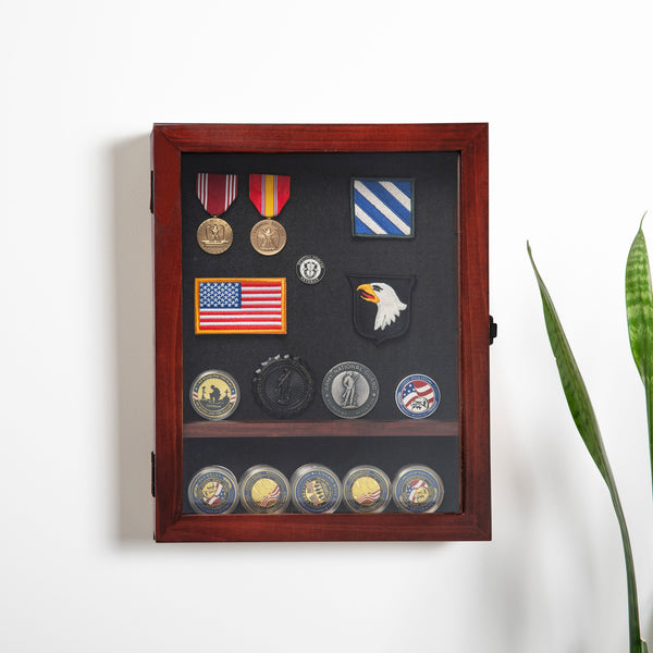 Mahogany,11.5"W x 2.75"D x 14"H |#| Wooden Medals Display Case with 3 Removable Shelves in Mahogany - 11x14