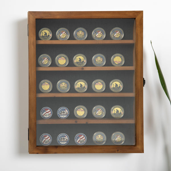 Rustic Brown,14.5"W x 2.75"D x 17.75"H |#| Wooden Medals Display Case with 4 Removable Shelves in Rustic Brown - 14.5x17.5