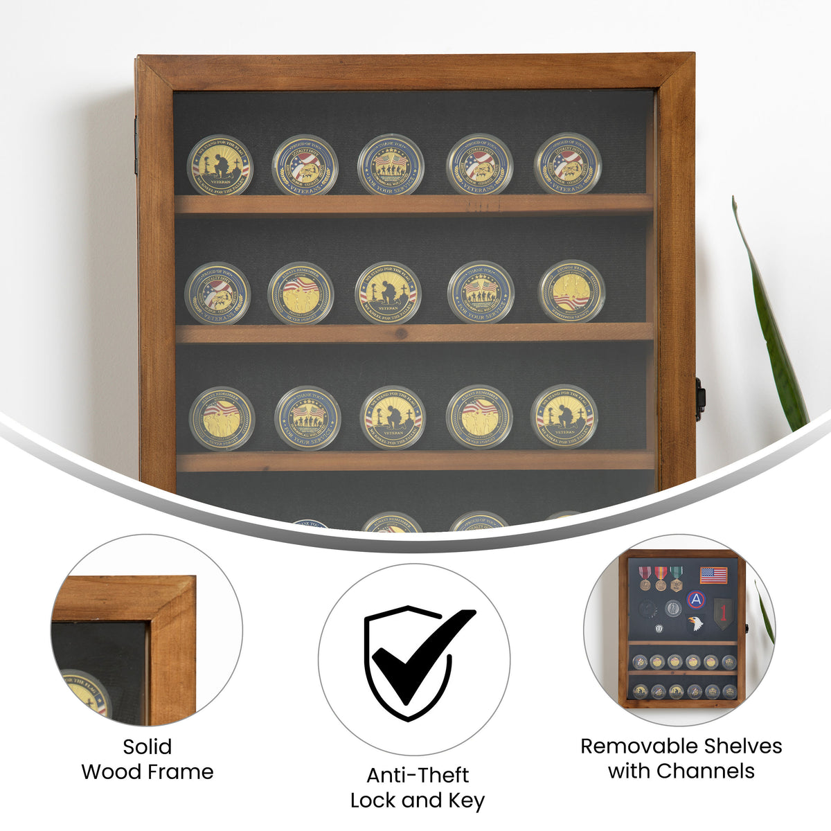 Rustic Brown,14.5"W x 2.75"D x 17.75"H |#| Wooden Medals Display Case with 4 Removable Shelves in Rustic Brown - 14.5x17.5